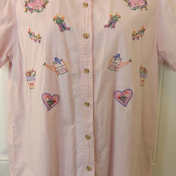 Faded Glory pink and white stripe top with embroidery and denim collar - Picture 4 of 13